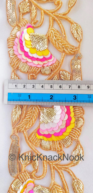 Exclusive Gold Hand Embroidered Cutwork Lace Trim, Floral Embroidery Beaded Trim, Sequins Trim